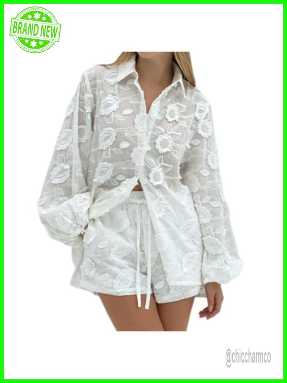 Lace 2 Piece Outfit Long Sleeve Button Down Floral Shirt and Shorts Set